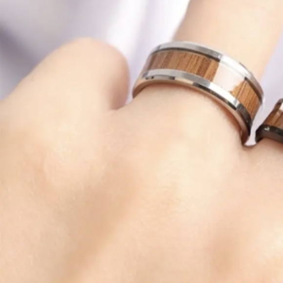 Men's Stainless Steel Titanium Koa Wood Wide Band Ring New Sz 8 - Picture 3 of 6